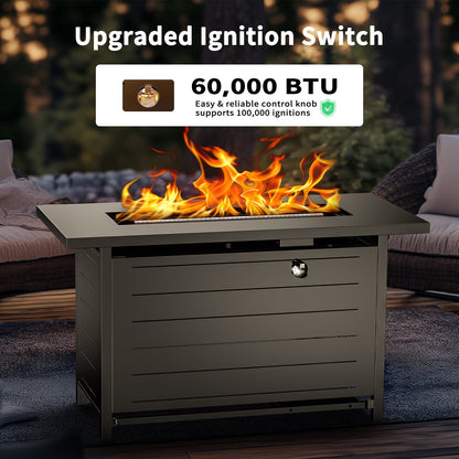 Philergo 42" Rectangular Gas Fire Pit Table, 60,000 BTU Propane Fire Pits for Outside with Lid and Lava Rock