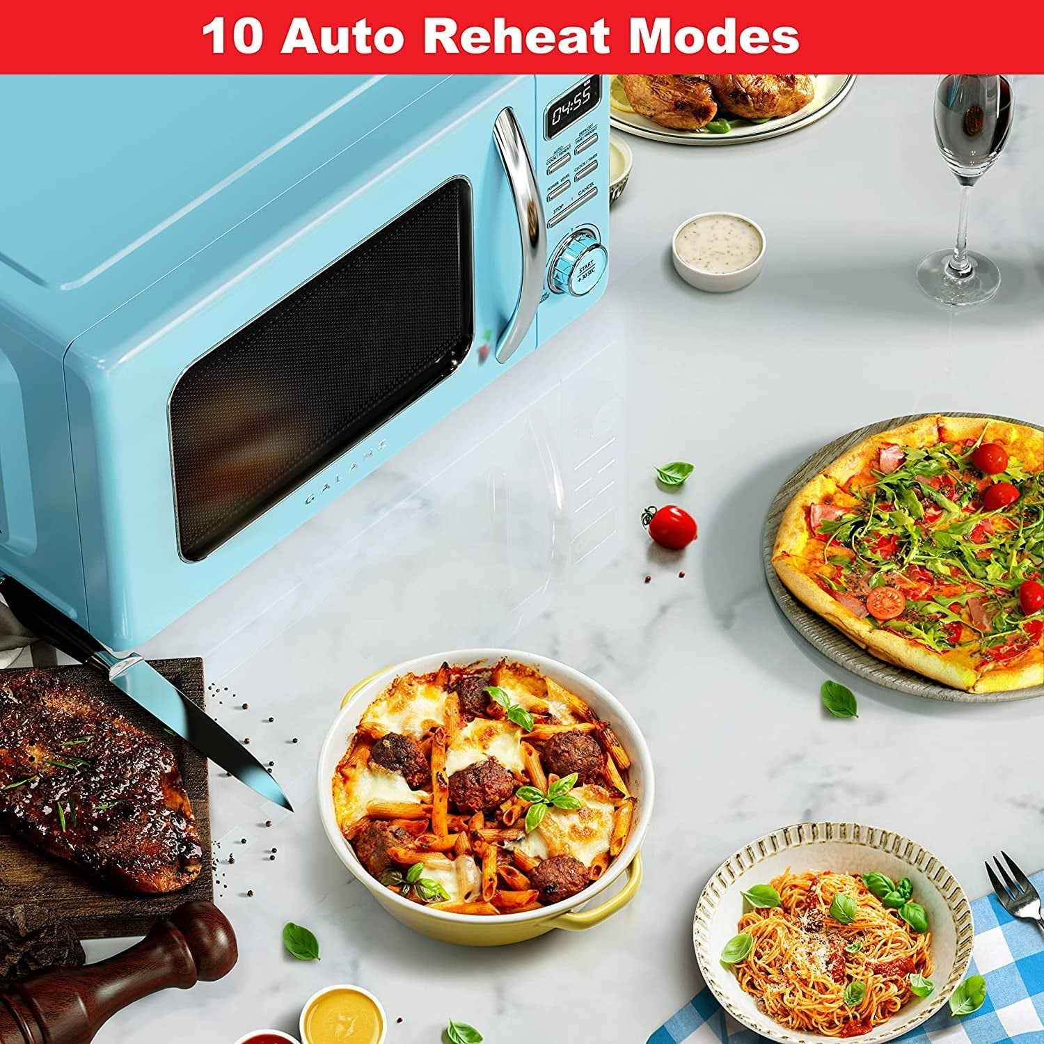 Galanz GLCMKZ11BER10 Retro Countertop Microwave Oven with Auto Cook & Reheat, Defrost, Quick Start Functions, Easy Clean with Glass Turntable, Pull Handle, 1.1 cu ft, Blue