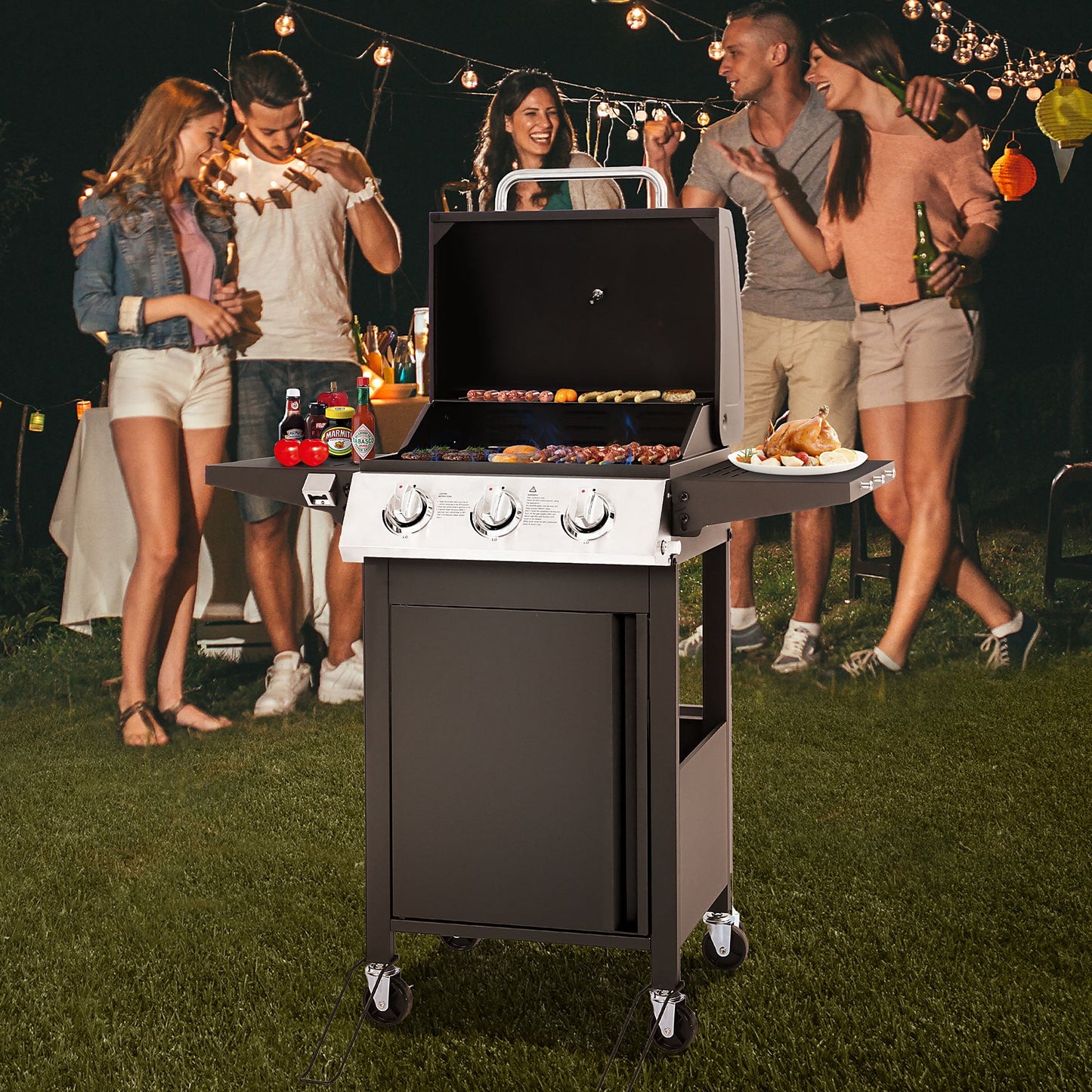 30000 BTU Gas Grill with 4 Universal Wheels, 3 Burners Outdoor BBQ Grill with Steel Brush & Thermometer for Outdoor Camping