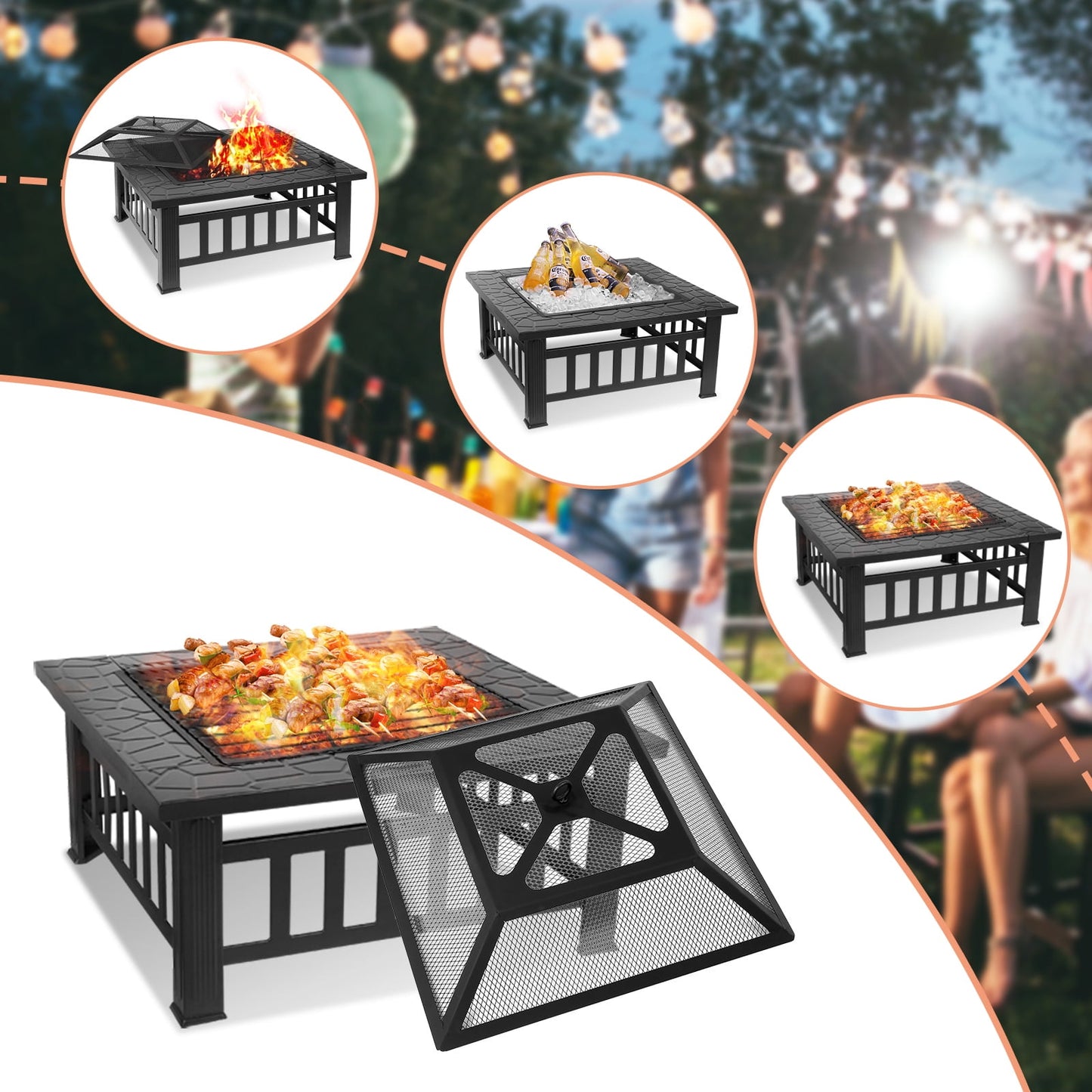 LAZY BUDDY Steel Fire Pits for Outside, 32'' Square Wood Burning Firepit Table with Mesh Lid, BBQ Net, Poker, and Cover for Outdoor Patio Backyard Bonfire Party