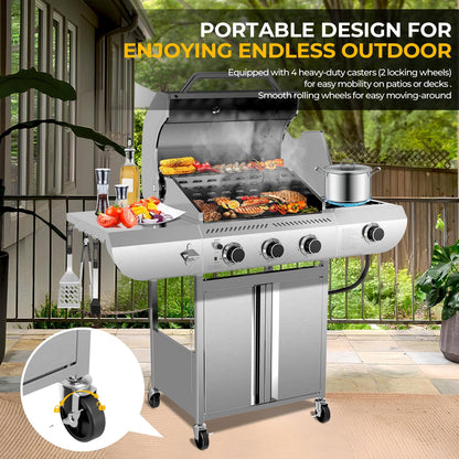 LHRIVER Stainless Steel BBQ Grill, 3 Burner Propane Gas Grill with Side Burner  for Outdoor Cooking Patio Backyard