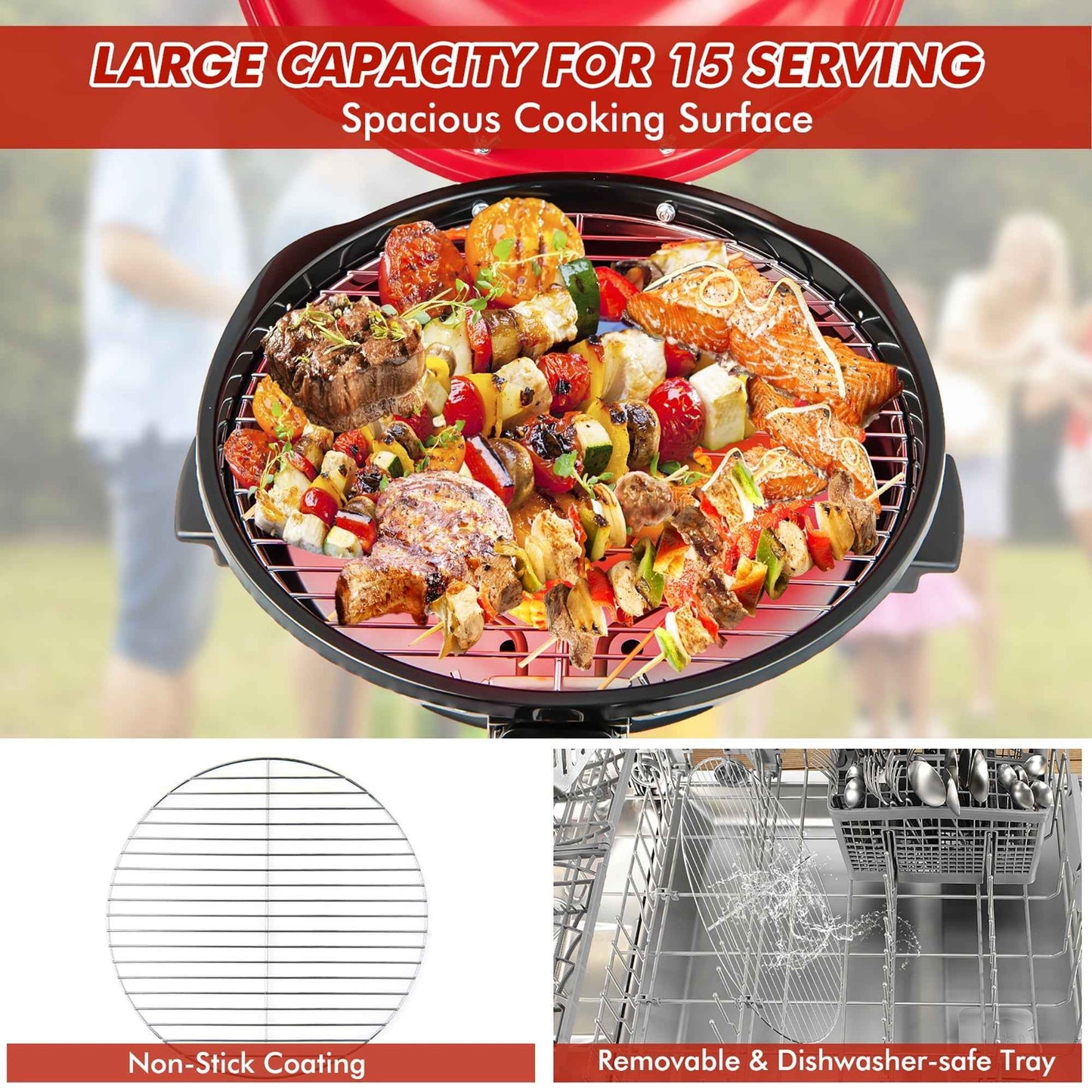 Costway Portable 1600W Electric BBQ Grill with Temperature Control & Grease Collector Red