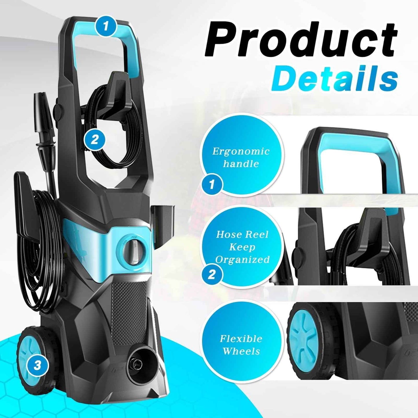 TEBRU Electric Pressure Washer, 3000PSI Max 2.4 GPM Power Washer with 32 ft Hose, 4 Quick Connect Nozzles, Foam Cannon, Suitable for Clean Cars, Patios, Driveways, Fences, Pool