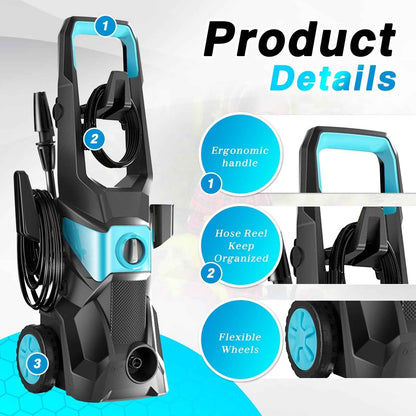 TEBRU Electric Pressure Washer, 3000PSI Max 2.4 GPM Power Washer with 32 ft Hose, 4 Quick Connect Nozzles, Foam Cannon, Suitable for Clean Cars, Patios, Driveways, Fences, Pool