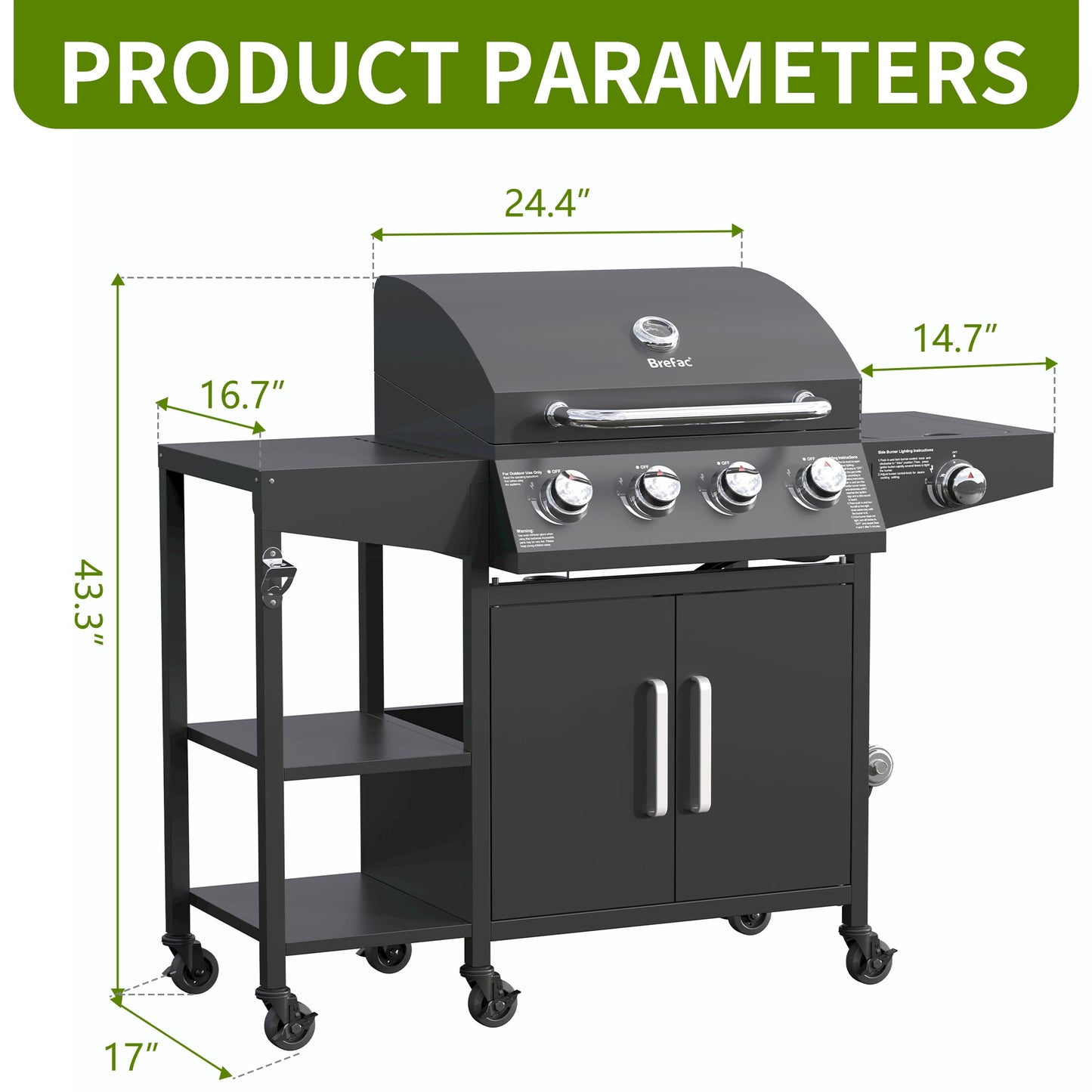 Brefac 4 Burner Propane Gas Grill with 3 Tier Shelf, 50000 BTU Outdoor Cooking Stainless Steel BBQ Grills Cabinet,Can be Placed Smoke Box，Black