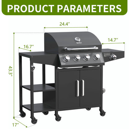 Brefac 4 Burner Propane Gas Grill with 3 Tier Shelf, 50000 BTU Outdoor Cooking Stainless Steel BBQ Grills Cabinet,Can be Placed Smoke Box，Black
