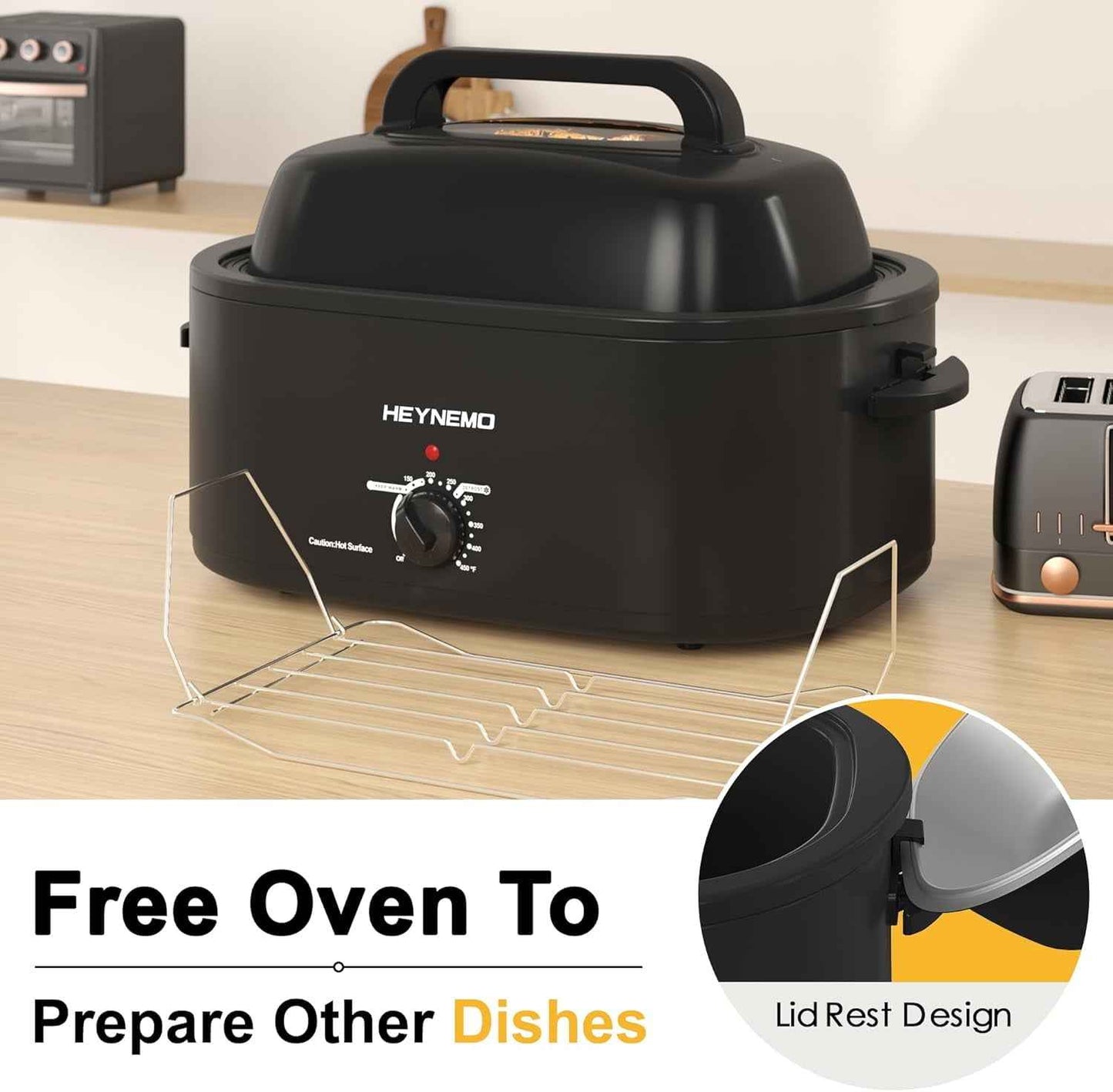 22 Quart Electric Roaster Oven with Visible & Self-Basting Lid, Large Turkey Roaster with Defrost Warm Function, Adjustable Temperature, Removable Pan Rack, Stainless Steel