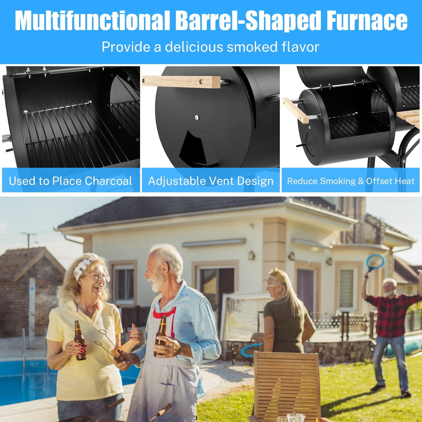 Segmart BBQ Charcoal Grill, 45.28-inch Length Portable Barbecue Grill, Offset Smoker Barbecue Oven with Wheels & Thermometer for Outdoor Picnic Camping Patio Backyard