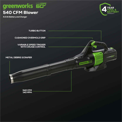 Greenworks 60V 13" String Trimmer, 140 MPH 540 CFM Leaf Blower Combo + 4Ah Battery & Charger 1303302