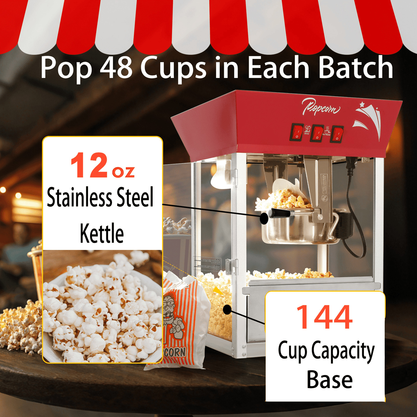 Commercial Popcorn Maker Machine, Enyopro 12oz Kettle Stainless Steel Popcorn Machine with Tempered Glass, Warming Deck, 850W Countertop Popcorn Popper for Movie Theatre, Parties