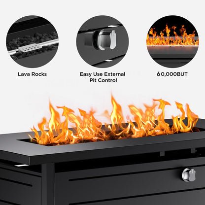 Philergo 42" Rectangular Gas Fire Pit Table, 60,000 BTU Propane Fire Pits for Outside with Lid and Lava Rock