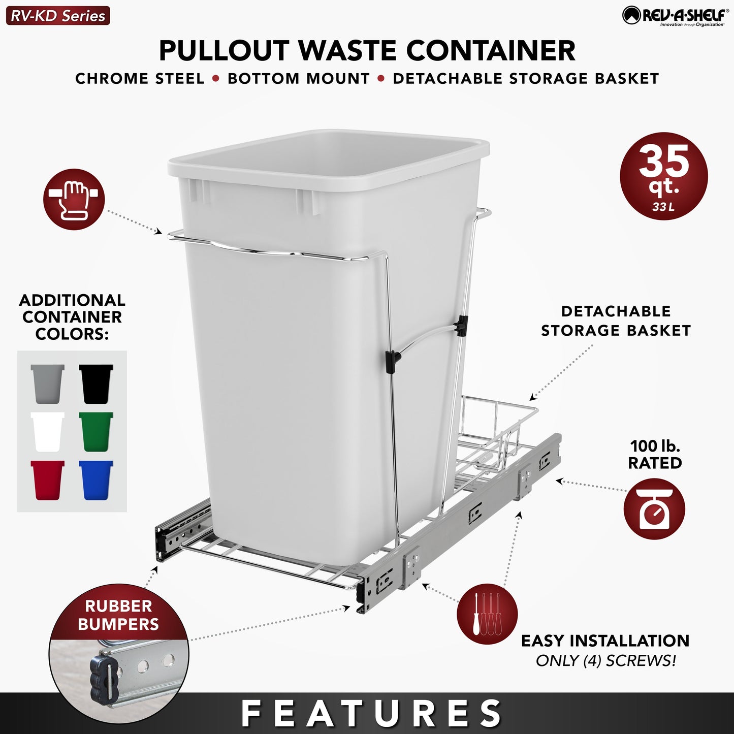 Rev-A-Shelf Pullout Trash Can 35 qt. for Kitchen Cabinets, Gray, RV-12KD-13C-S