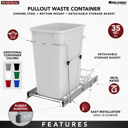 Rev-A-Shelf Pullout Trash Can 35 qt. for Kitchen Cabinets, Gray, RV-12KD-13C-S