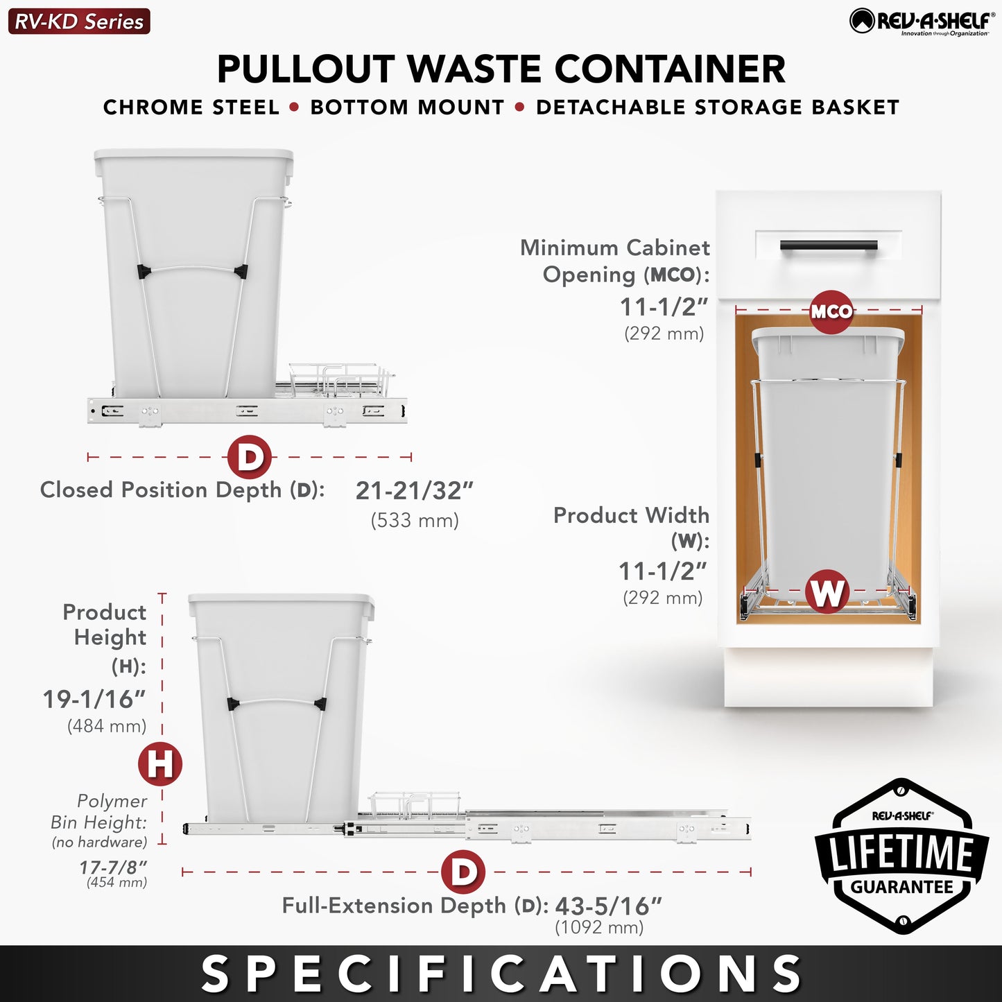 Rev-A-Shelf Pullout Trash Can 35 qt. for Kitchen Cabinets, Gray, RV-12KD-13C-S