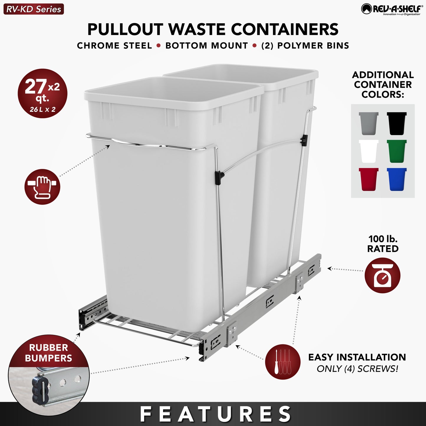 Rev-A-Shelf Double Pullout Trash Can 27 qt. for Kitchen, RV-15KD-2218C-S