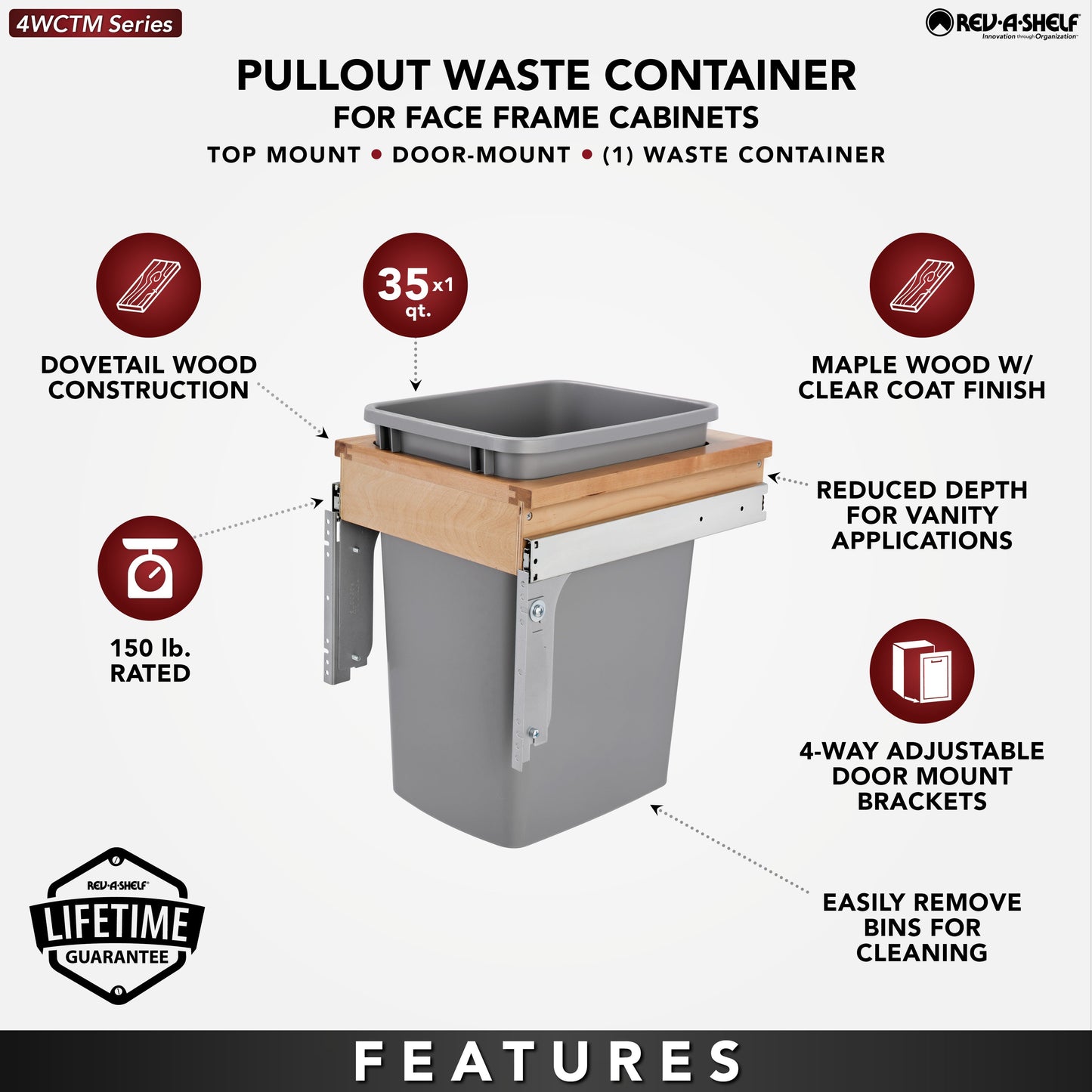 Rev-A-Shelf Pullout Top Mount Trash Can 35 qt., Silver, 4WCTM-1516DM-1