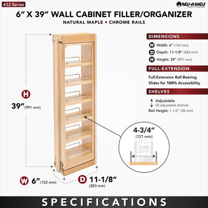 Rev-A-Shelf Pullout Wall Filler Cabinet Wooden Organizer, 39" Hgt, 432-WF39-6C