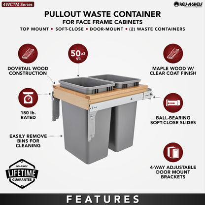 Rev-A-Shelf Pullout Top Mount Trash Can w/ Soft-close, 50 qt, 4WCTM-2150BBSCDM-2