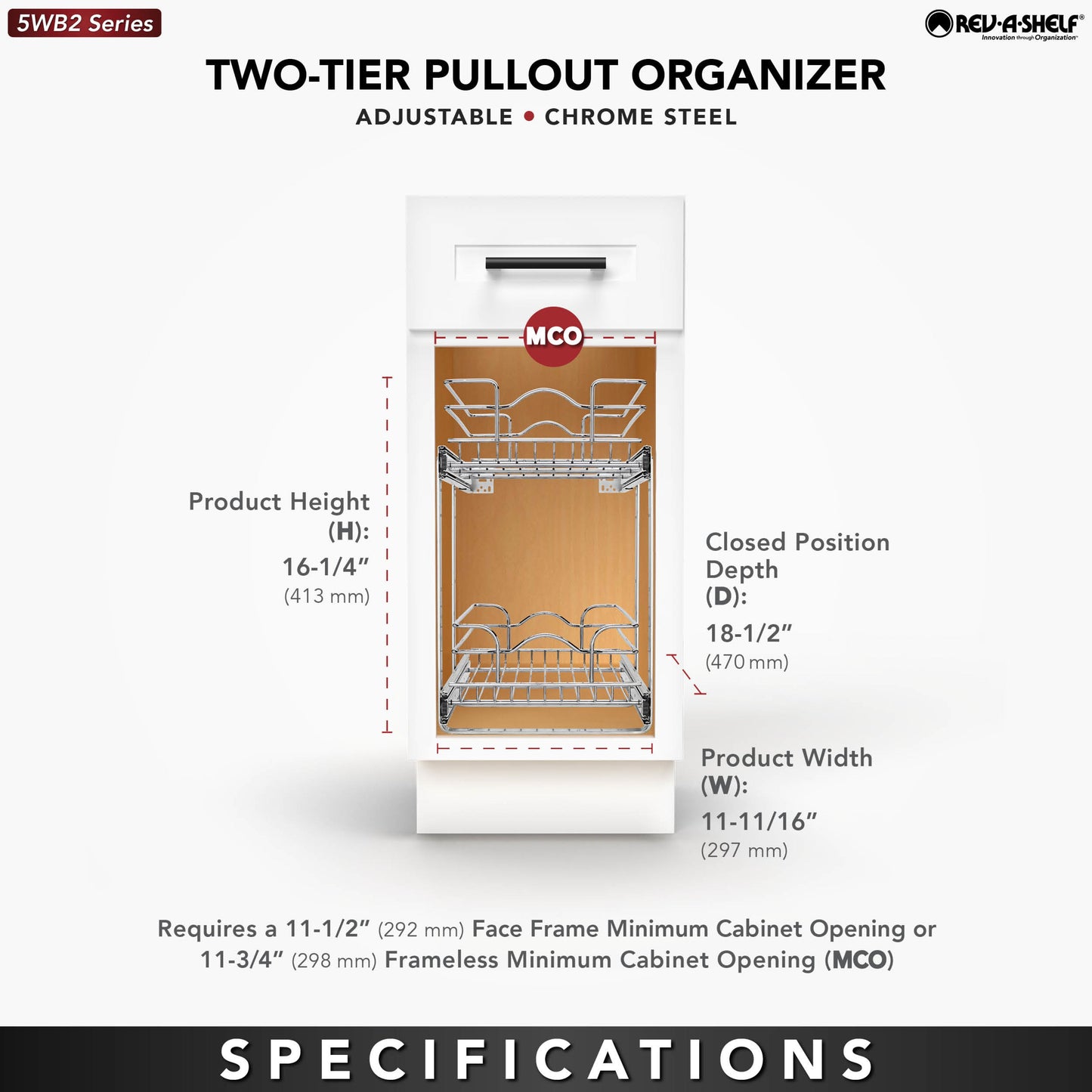 Rev-A-Shelf Pullout 2-Tier Basket Organizer for Kitchen or Vanity Cabinets, 12 x 18 In, 5WB2-1218CR-1