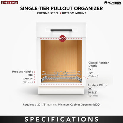 Rev-A-Shelf Pullout Single Basket Organizer for Kitchen Cabinets, 21 x 22 In, 5WB1-2122CR-1