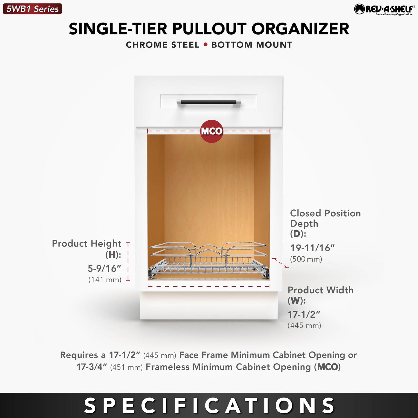 Rev-A-Shelf Pullout Basket Organizer for Kitchen or Vanity Cabinets, 18 x 20 In, 5WB1-1820CR-1