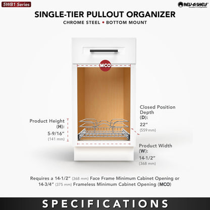 Rev-A-Shelf Pullout Basket Organizer for Kitchen or Vanity Cabinets, 15 x 20 In, 5WB1-1520CR-1