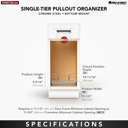 Rev-A-Shelf Pullout Basket Organizer for Kitchen or Vanity Cabinets,12 x 20 In,  5WB1-1220CR-1