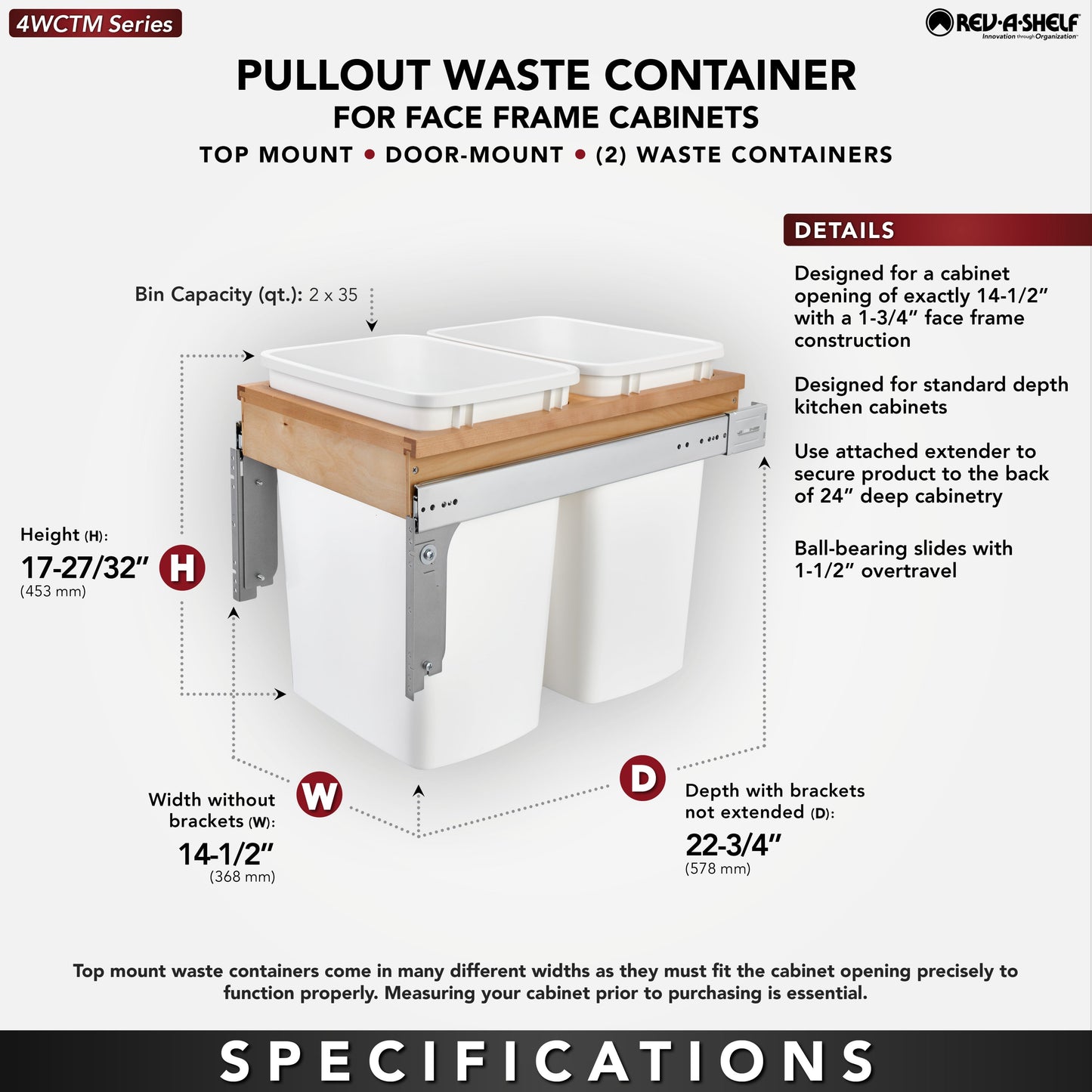 Rev-A-Shelf Double Pullout Top Mount Trash Cans 35 qt., White, 4WCTM-18DM2-175