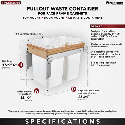 Rev-A-Shelf Double Pullout Top Mount Trash Cans 35 qt., White, 4WCTM-18DM2-175