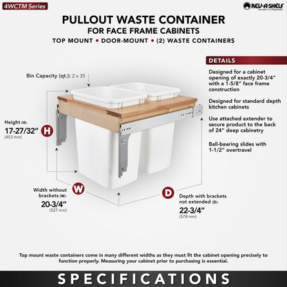Rev-A-Shelf Double Pullout Top Mount Trash Can 35 qt., White, 4WCTM-24DM2-162