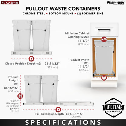 Rev-A-Shelf Double Pullout Trash Cans 27 qt. for Kitchen, White, RV-15KD-11C S