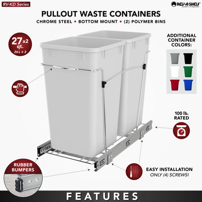Rev-A-Shelf Double Pullout Trash Can 27 qt. for Kitchen, Gray, RV-15KD-13C-S