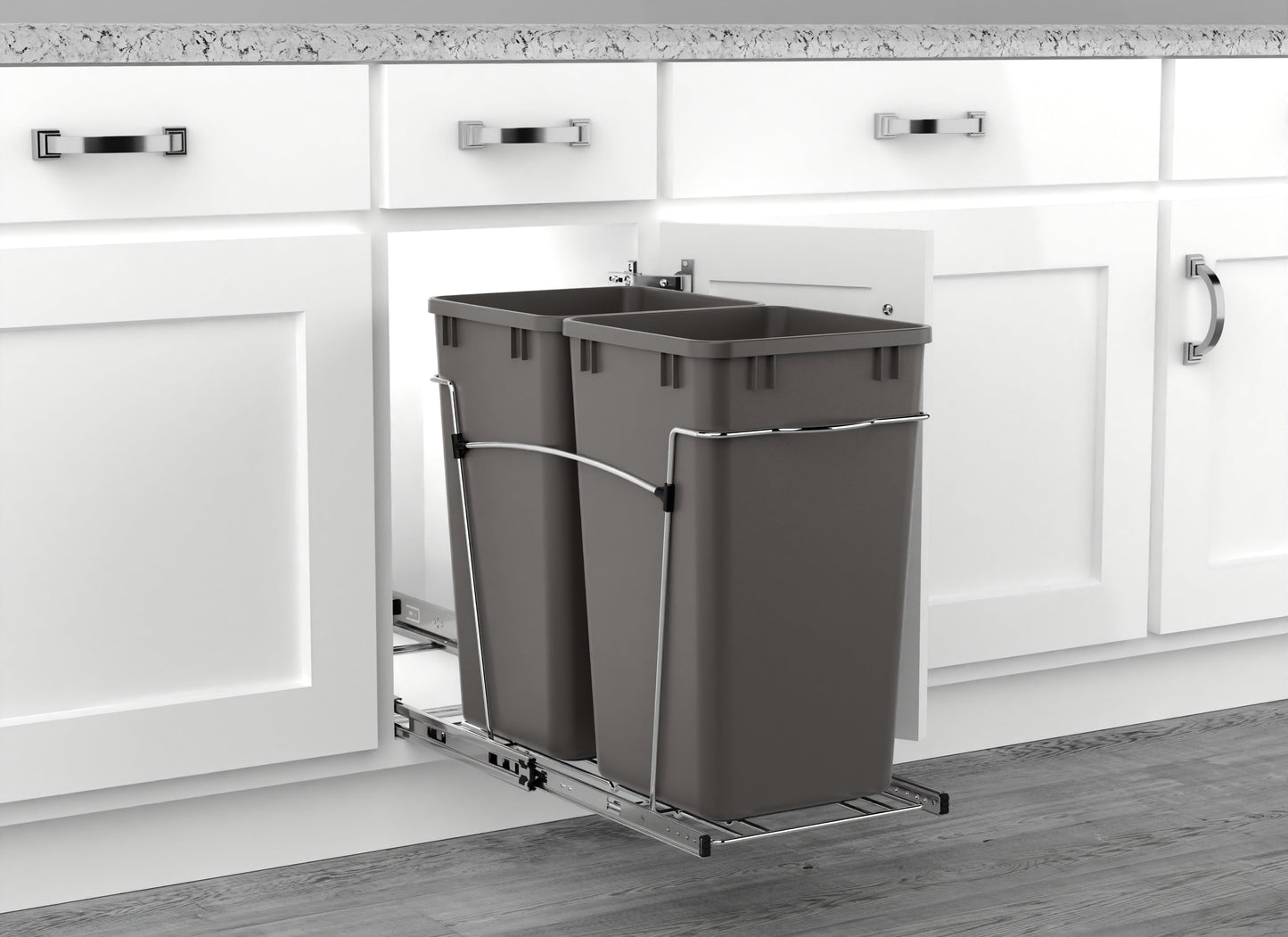 Rev-A-Shelf Double Pullout Trash Can 27 qt. for Kitchen, Gray, RV-15KD-13C-S