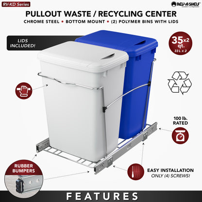 Rev-A-Shelf Double Pullout Trash Can 35 qt. for Kitchen, RV-18KD-11RC-S