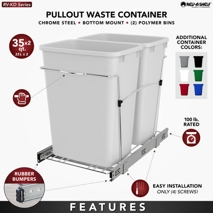 Rev-A-Shelf Double Pullout Trash Can 35 qt. for Kitchen, Gray, RV-18KD-13C-S