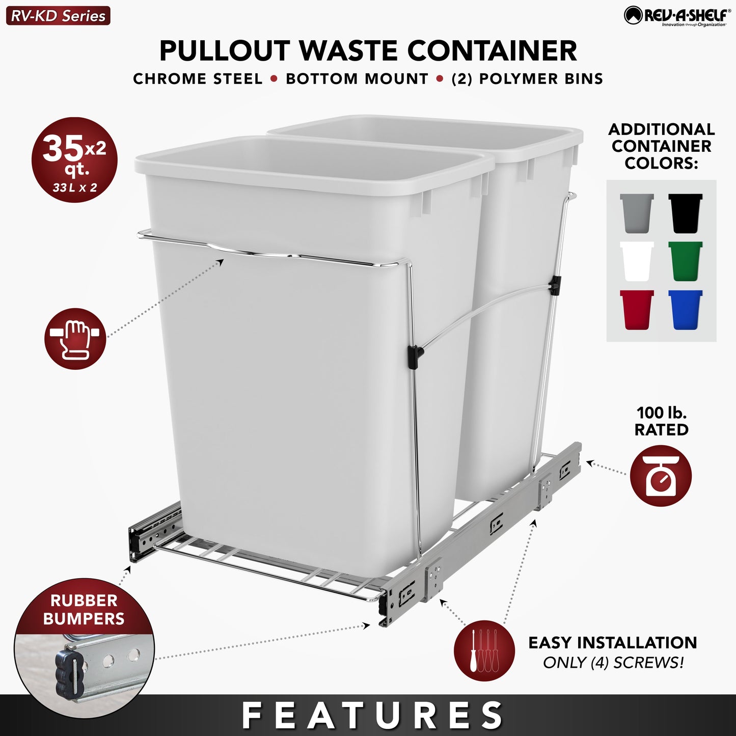 Rev-A-Shelf Double Pullout Trash Can 35 qt. for Kitchen, Silver, RV-18KD-17C S