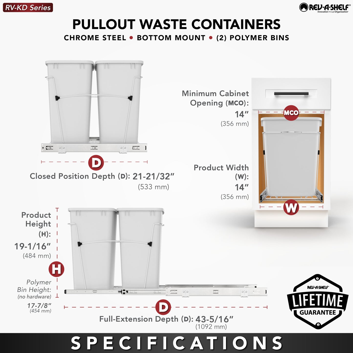 Rev-A-Shelf Double Pullout Trash Can 35 qt. for Kitchen, Silver, RV-18KD-17C S