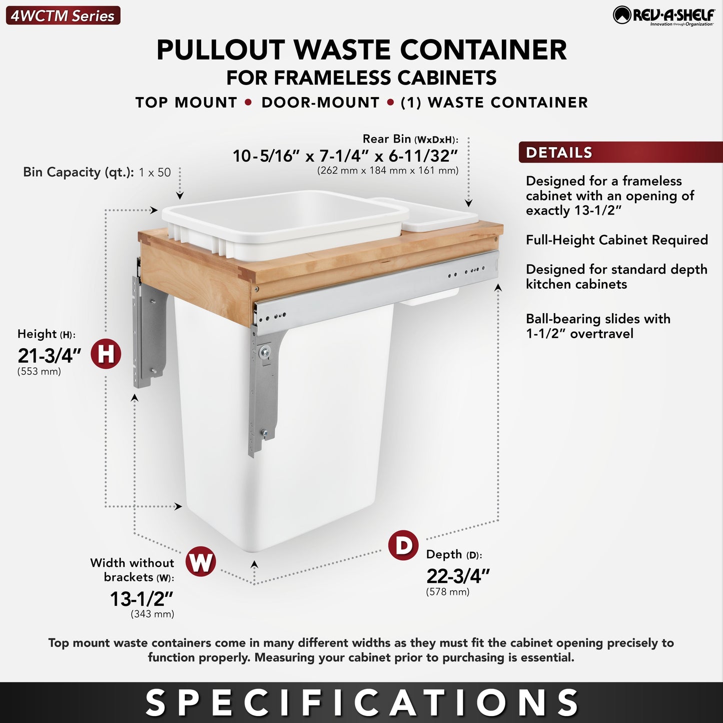 Rev-A-Shelf Pullout 50 qt. Trash Can for Full-height Cabinet, 4WCTM-1550DM1-343-FL