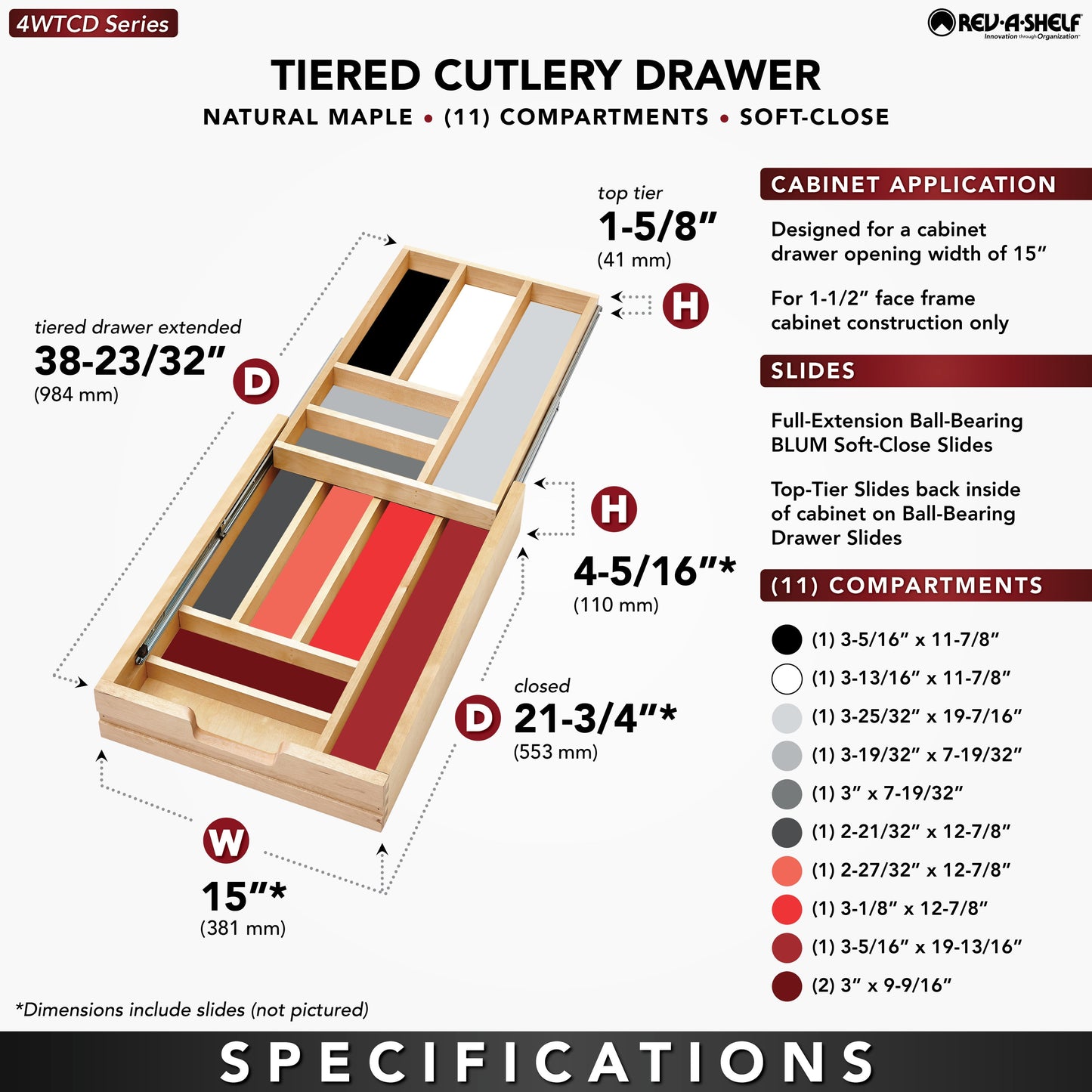 Rev-A-Shelf 15'' Tiered Cutlery Drawer Organizer with Soft-Close, 4WTCD-18HSC-1