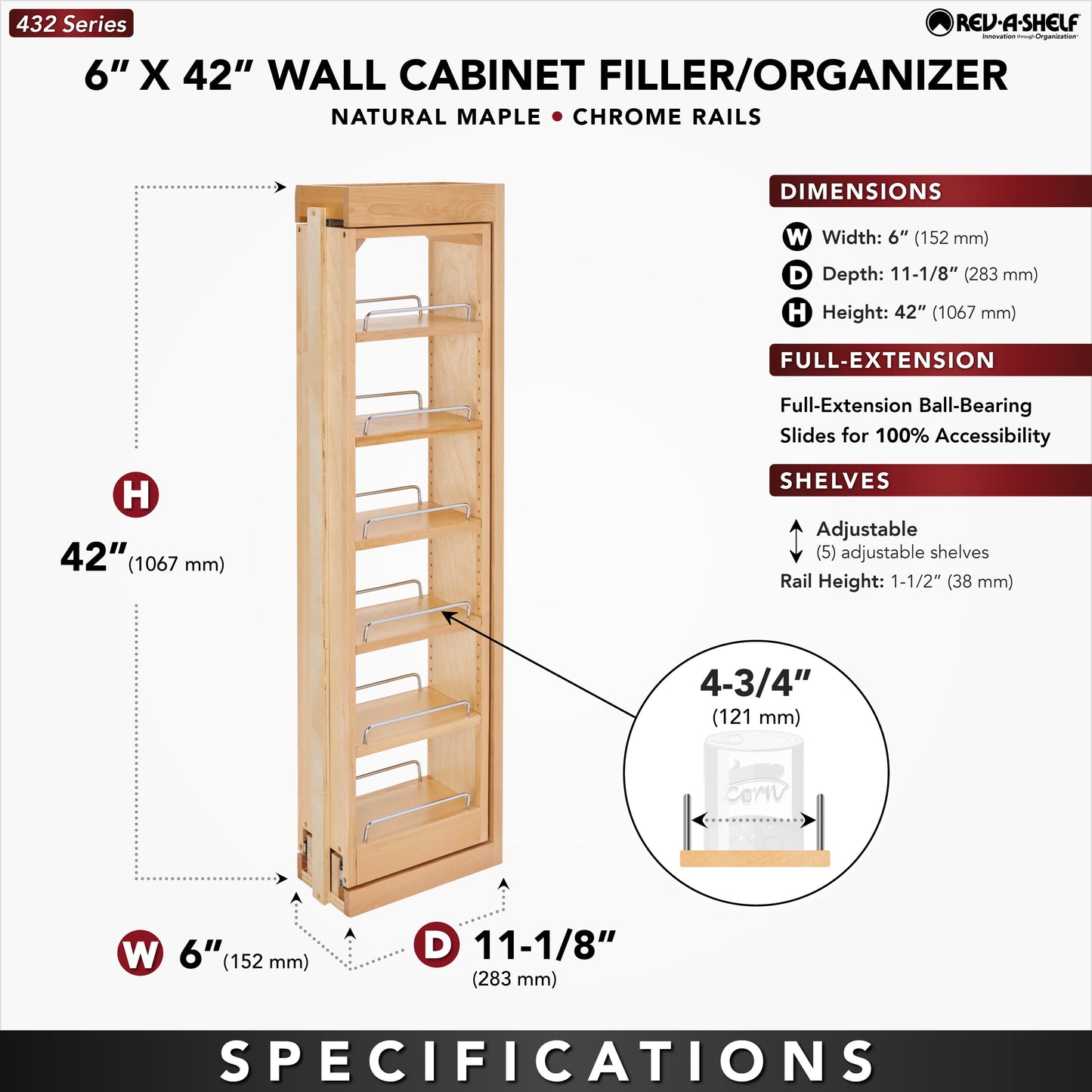 Rev-A-Shelf Pullout Wall Filler Cabinet Wooden Organizer, 42" Hgt, 432-WF42-6C
