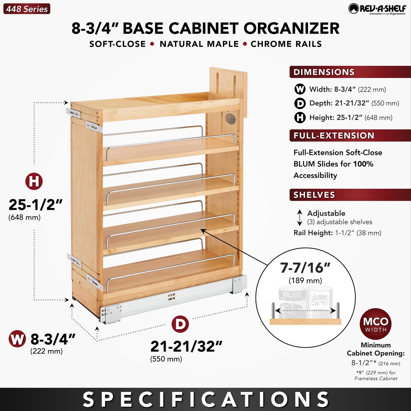 Rev-A-Shelf 8.75'' Pullout Kitchen Cabinet Organizer Soft-close, 448-BCSC-8C