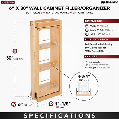 Rev-A-Shelf 6" Pullout Wall Filler with Soft-Close, 30" Height, 432-WFBBSC30-6C