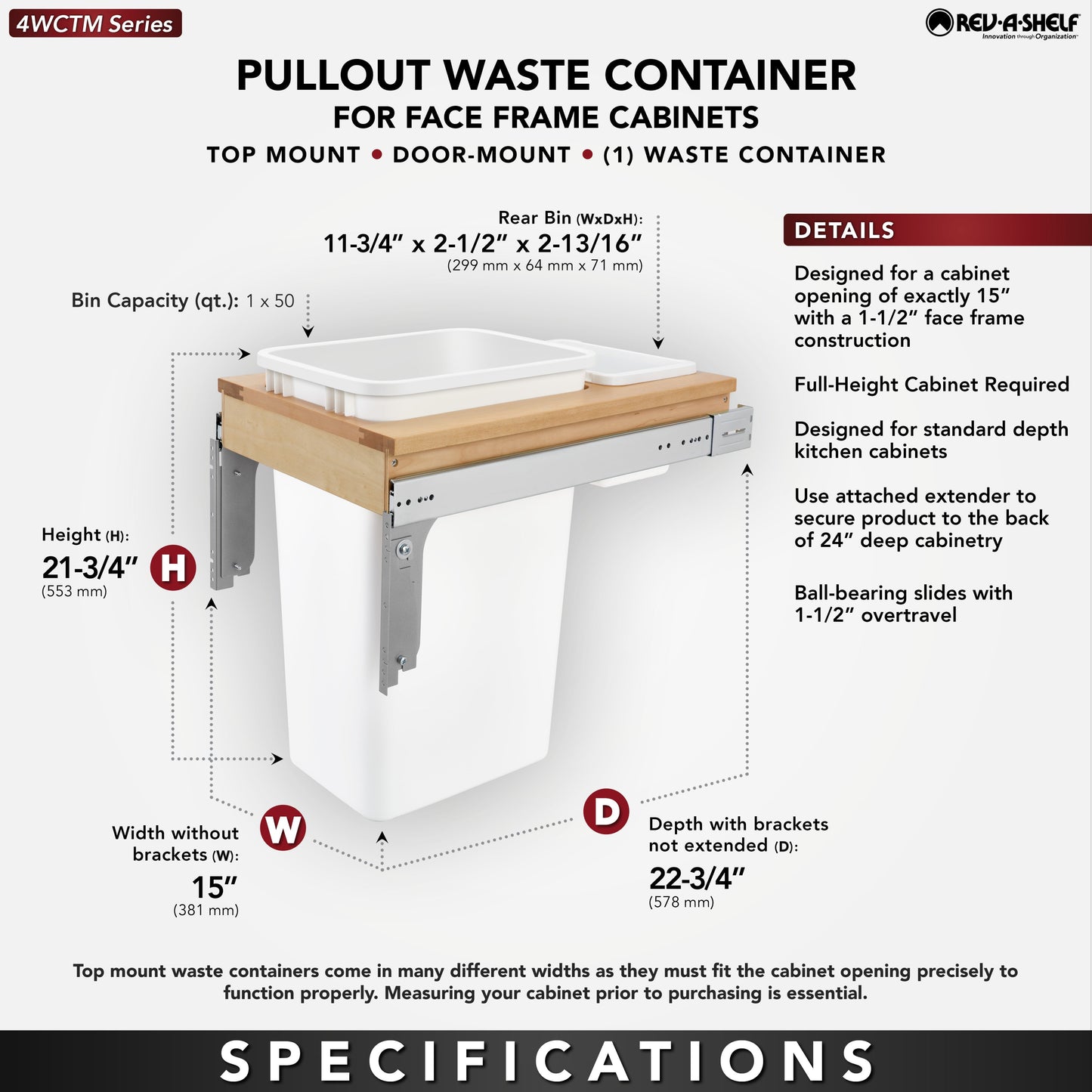 Rev-A-Shelf Pullout 50 qt. Trash Can for Full-height Cabinet, 4WCTM-1850DM-1