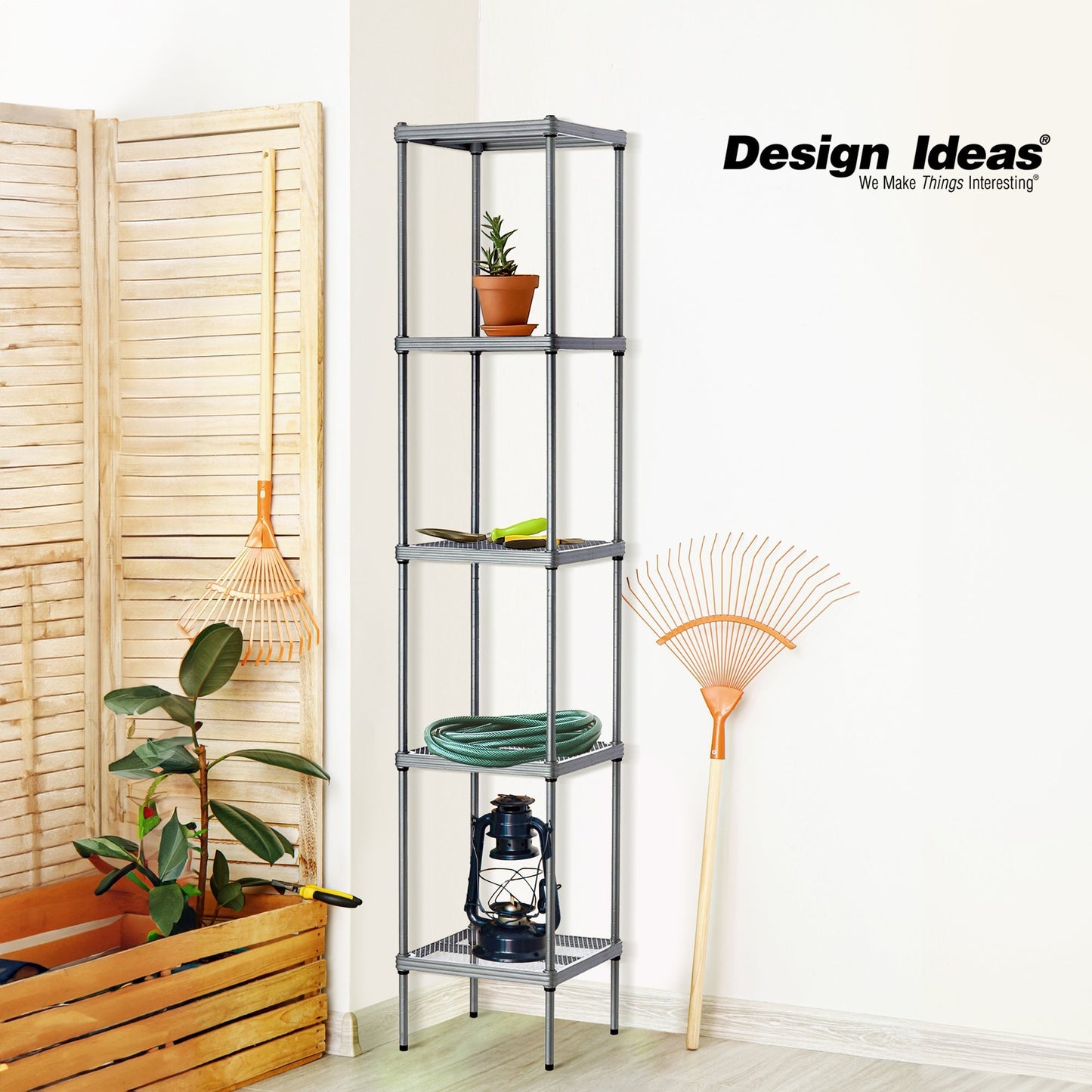 Design Ideas MeshWorks 5 Tier Tower Metal Storage Shelving Unit Rack, Silver