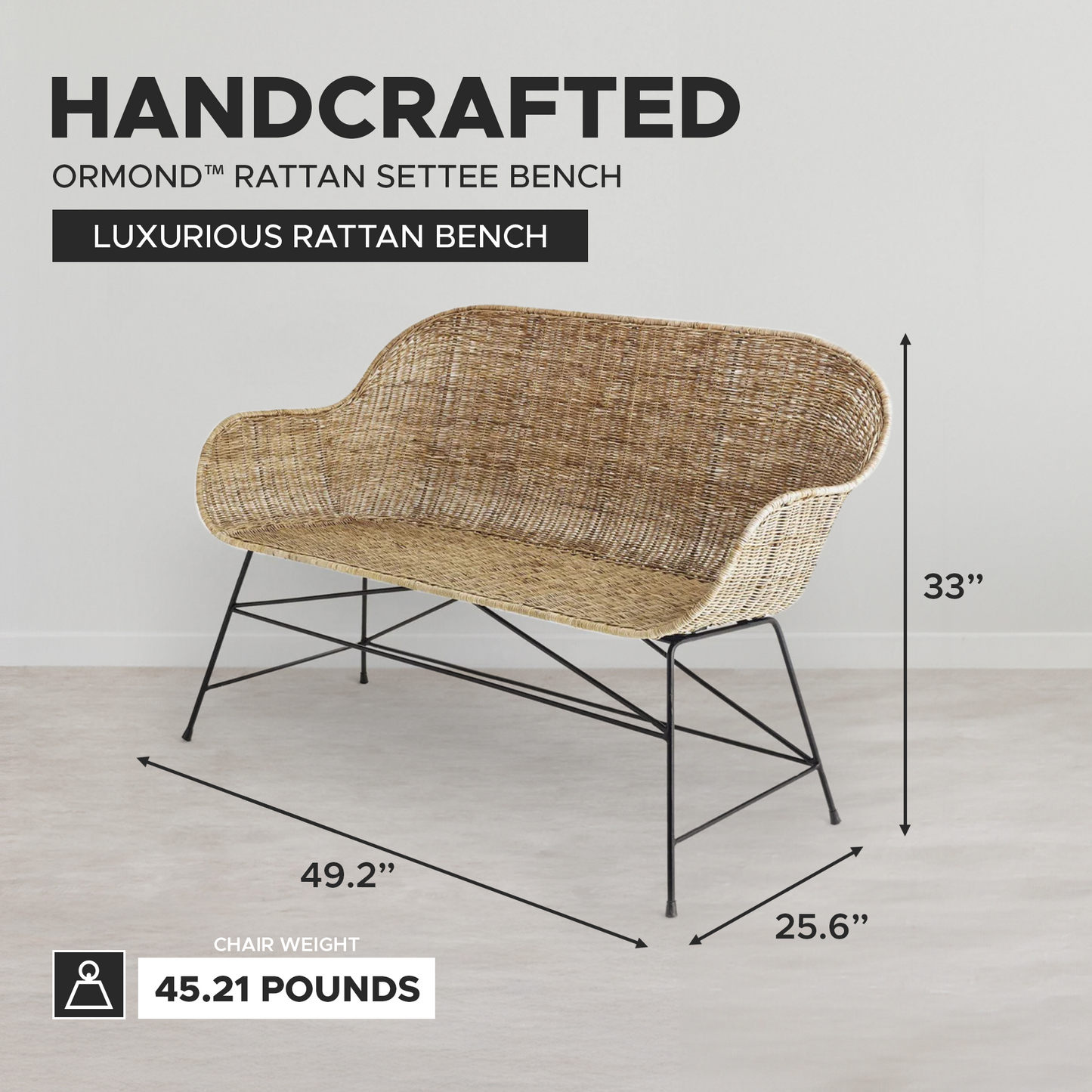 texxture Ormond Woven Rattan Settee with Metal Legs, Home Furniture, Natural