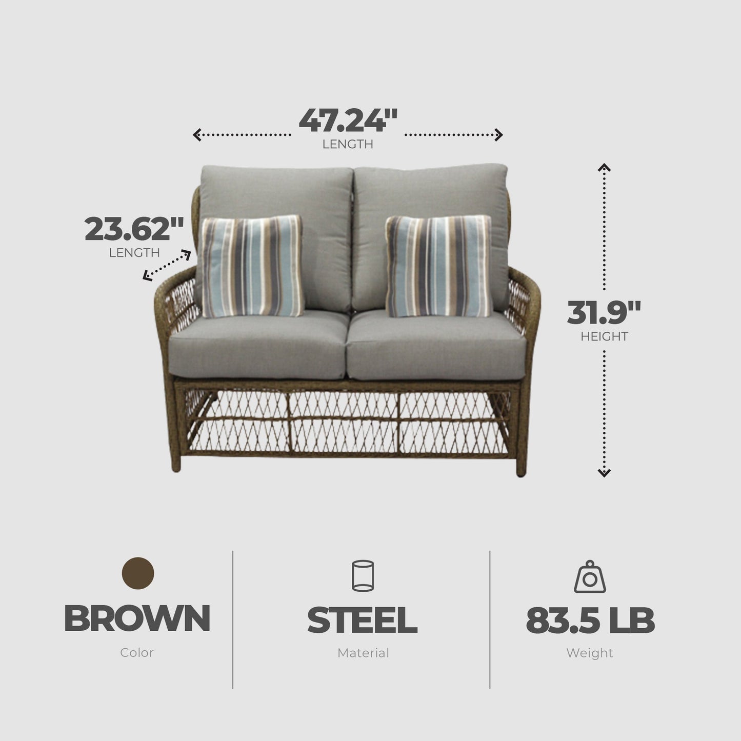Four Seasons Courtyard Positano Wicker Cushioned Loveseat w/ 2 Accessory Pillows