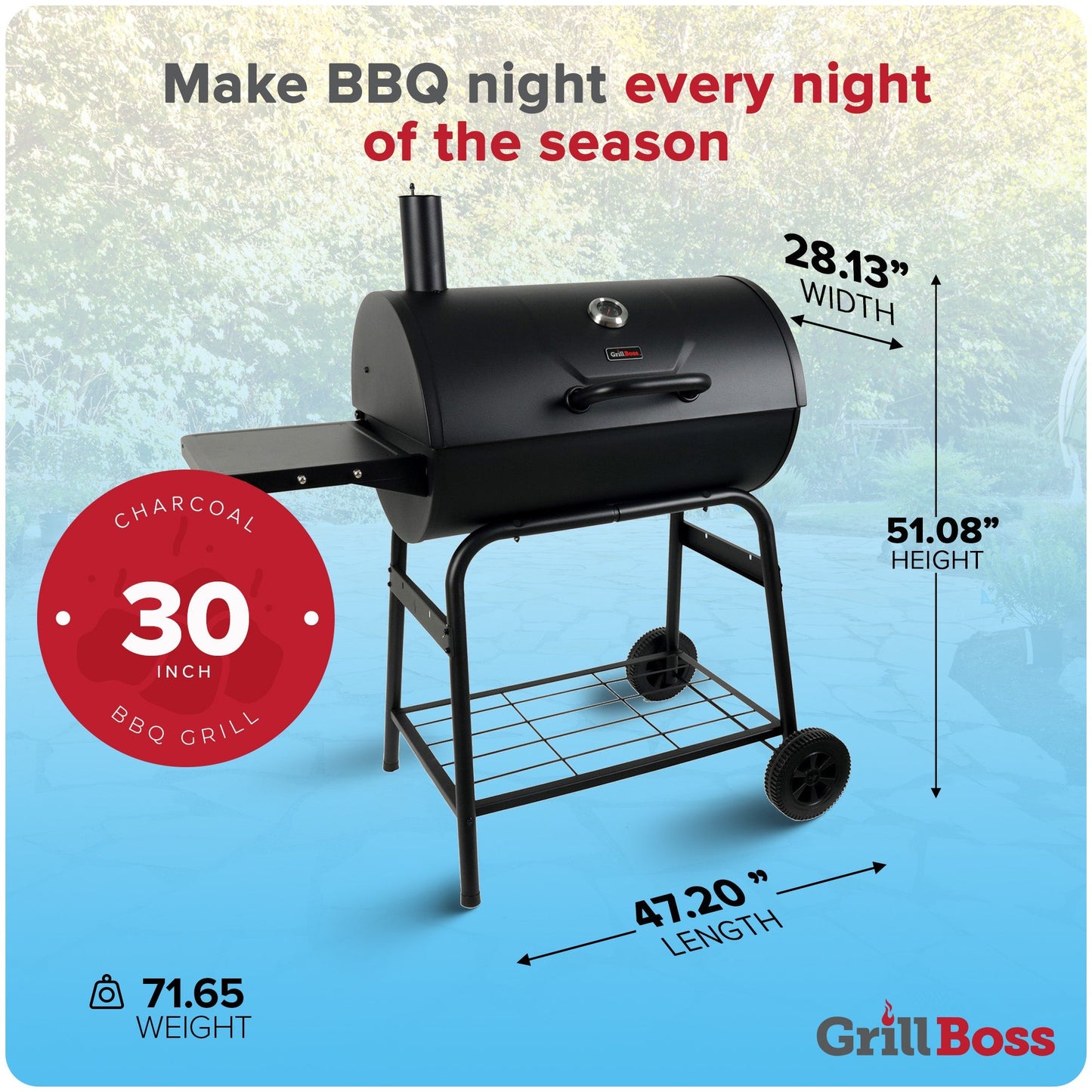 Grill Boss 30" Charcoal Barrel Grill, Adjustable Grate Large Cooking Area, Black
