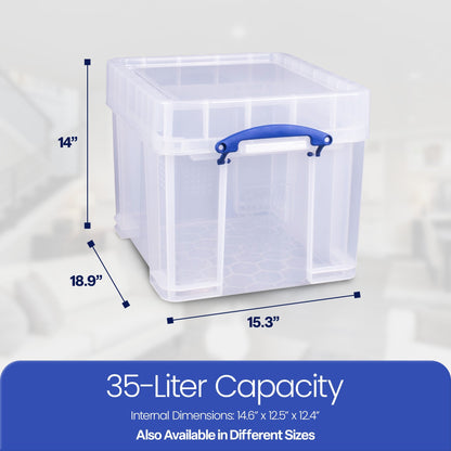 Really Useful Box 35 Liters Transparent Storage Container with Snap Lid, 3 Pack