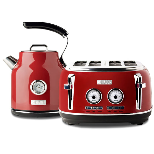 Haden Dorset 1.7 Liter Cordless Electric Kettle and 4 Slice Bread Toaster, Red