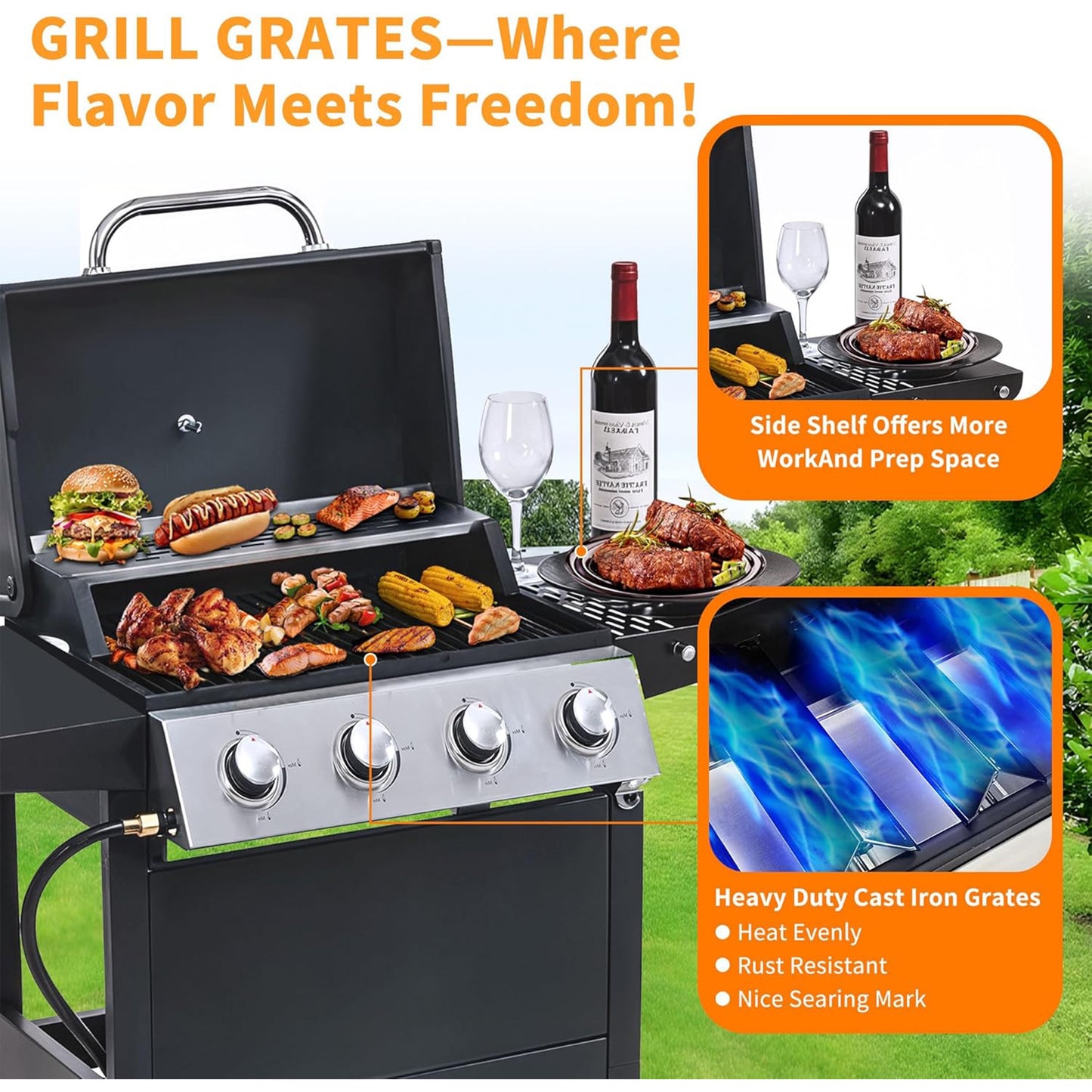 Furnibear 4 Burner BBQ Propane Gas Grill, Stainless Steel 34,000 BTU Patio Garden Barbecue Grill with Two Foldable Shelves